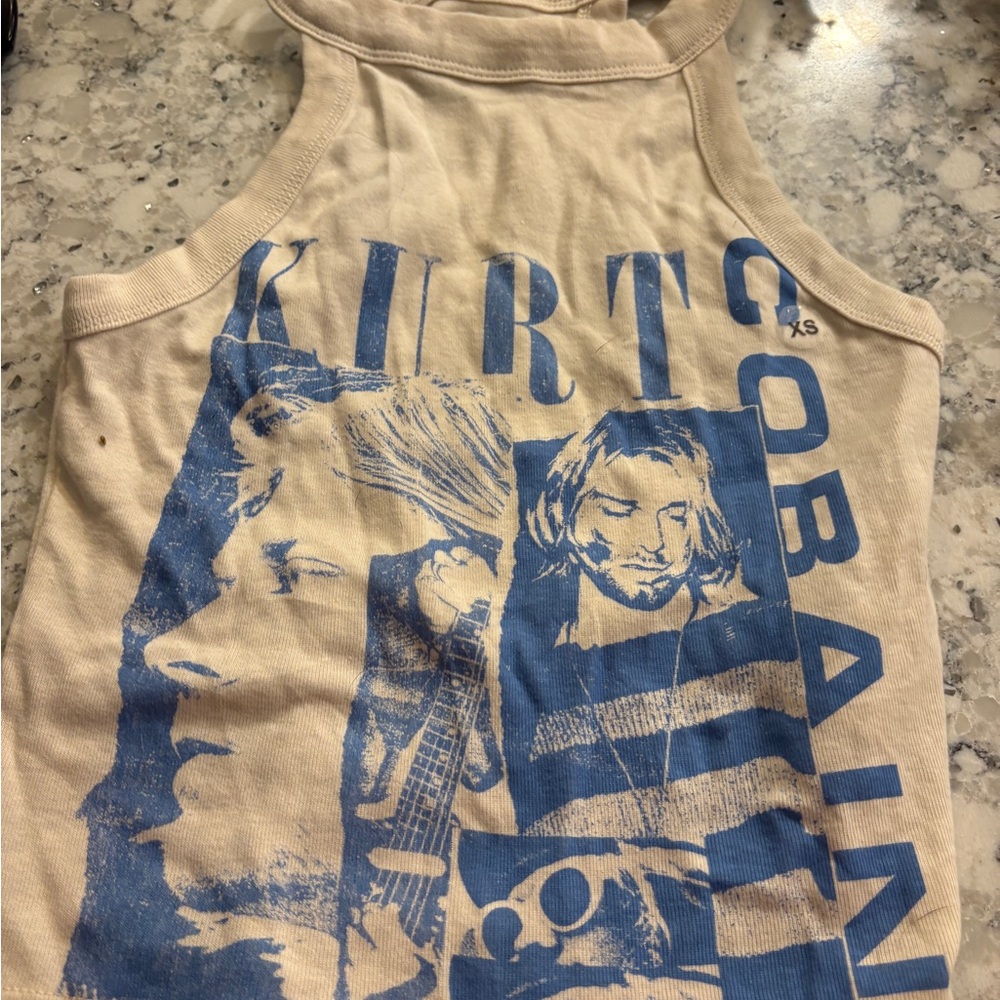 American Eagle Outfitters Tan and Blue Graphic Tank Top